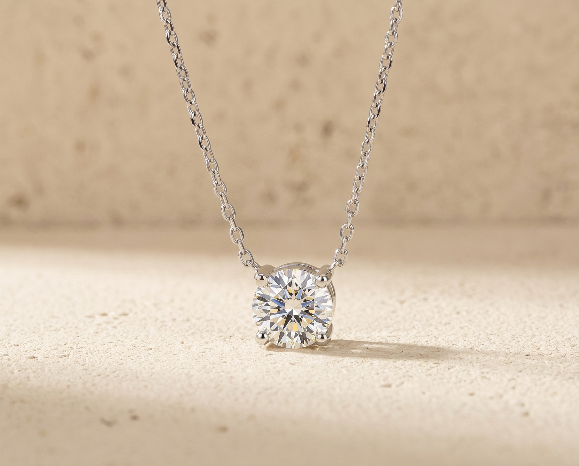 Styled view of the RW solitaire necklace in 9k White Gold