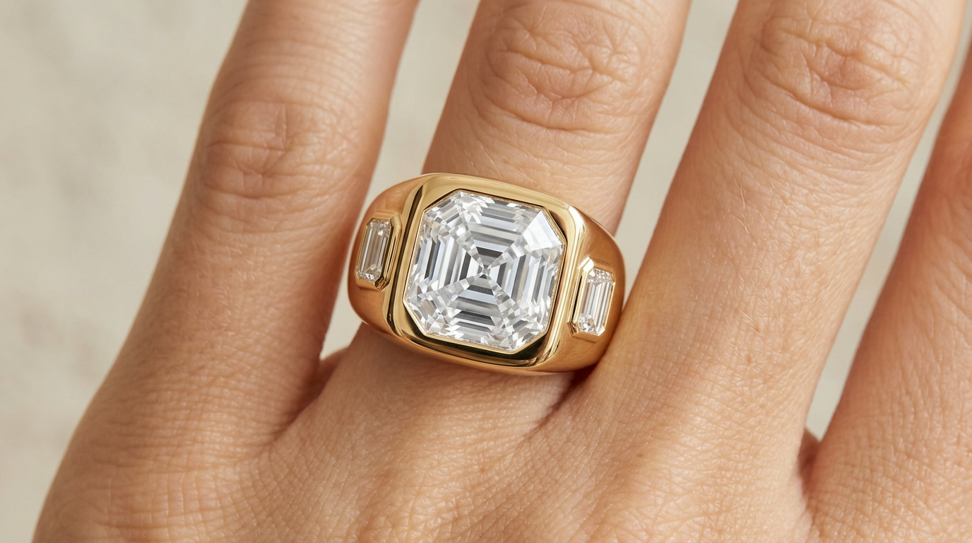 The RW men's Asscher signet worn on the finger, Asscher cut centre diamond in a yellow gold bezel