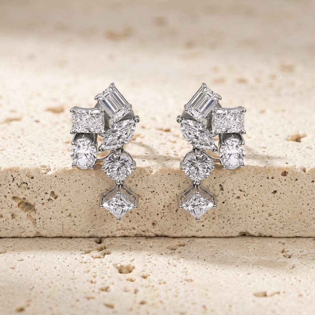 Pair of RW mixed-cut diamond cluster drop earrings in 14k white gold, resting on a warm cream textured concrete ledge