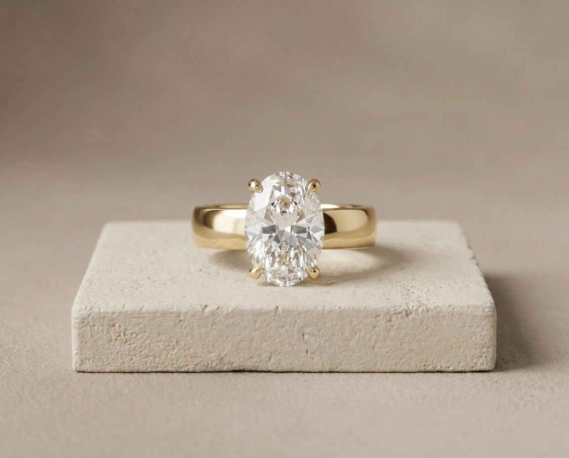 The Muse oval solitaire in 4mm polished yellow gold, front view
