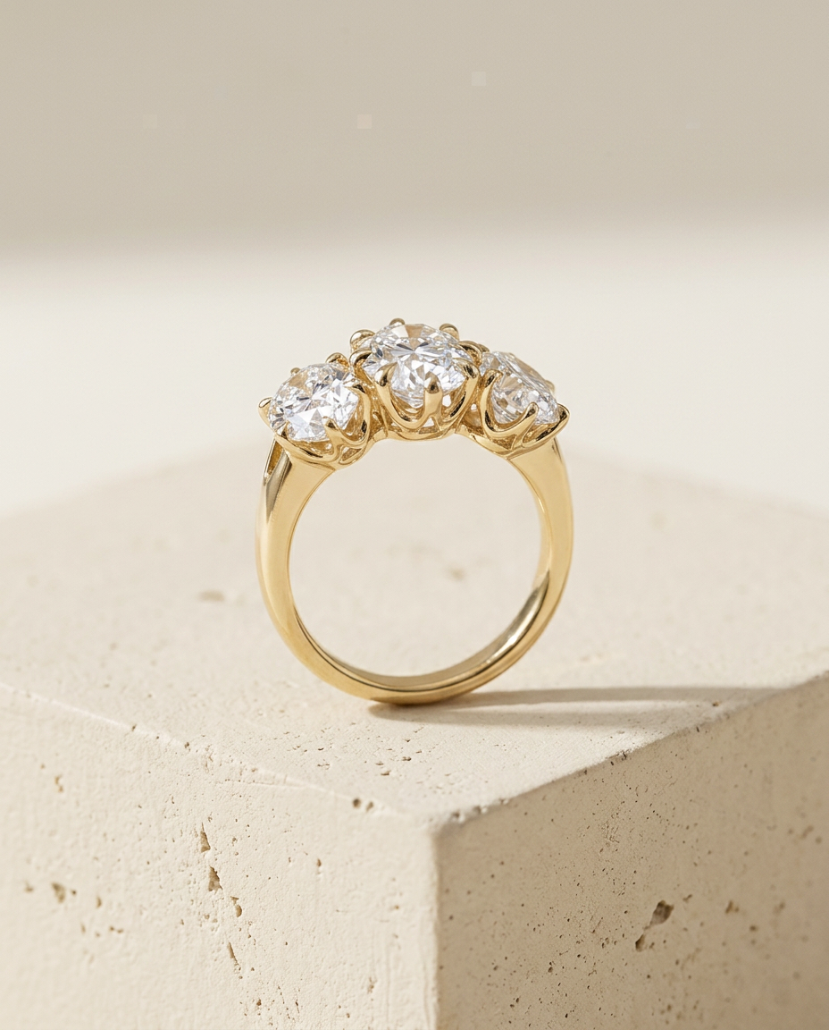 18k yellow gold oval three stone diamond ring standing on a cream textured concrete block