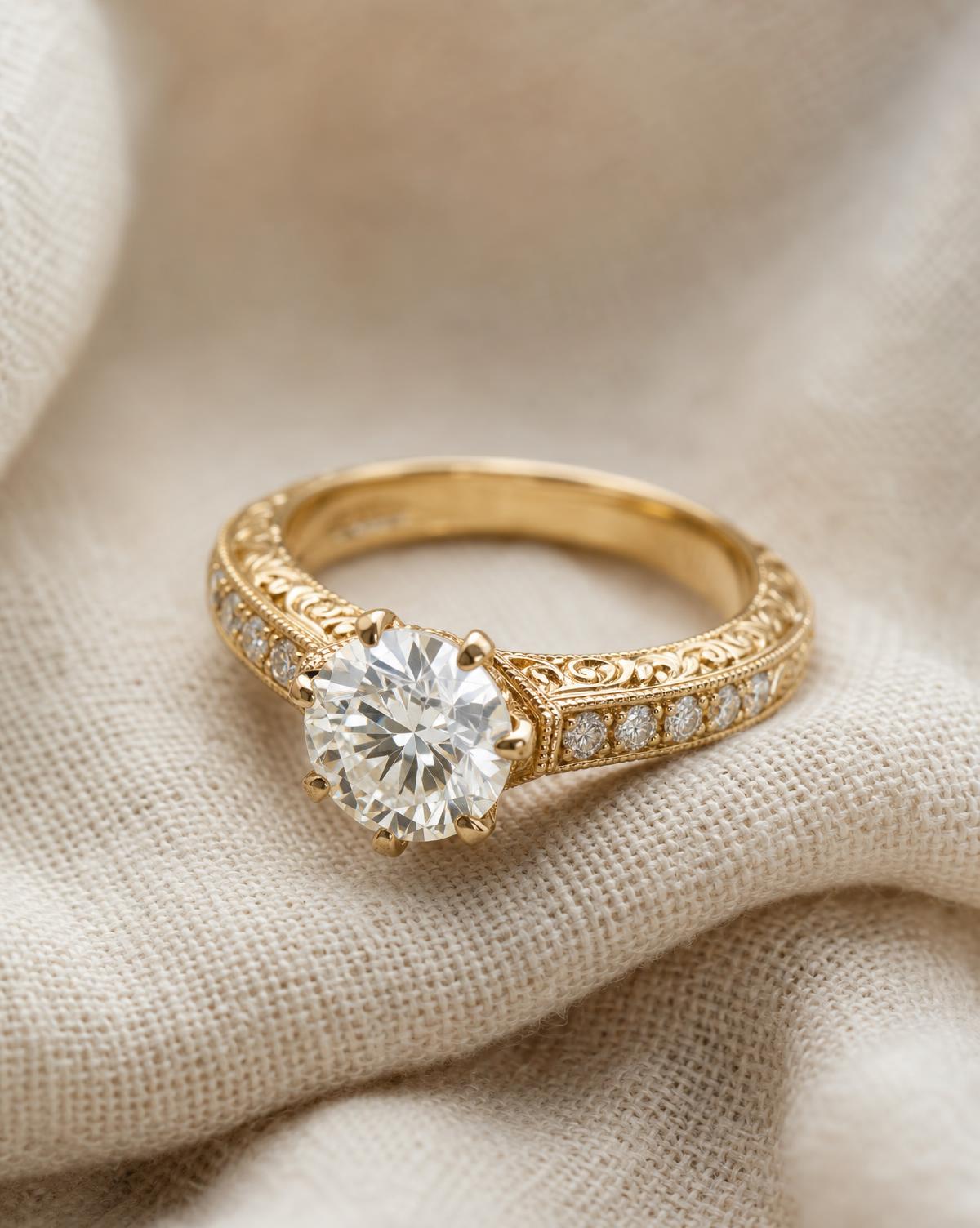 Detail of the engraved gold band and pavé shoulders on ivory linen