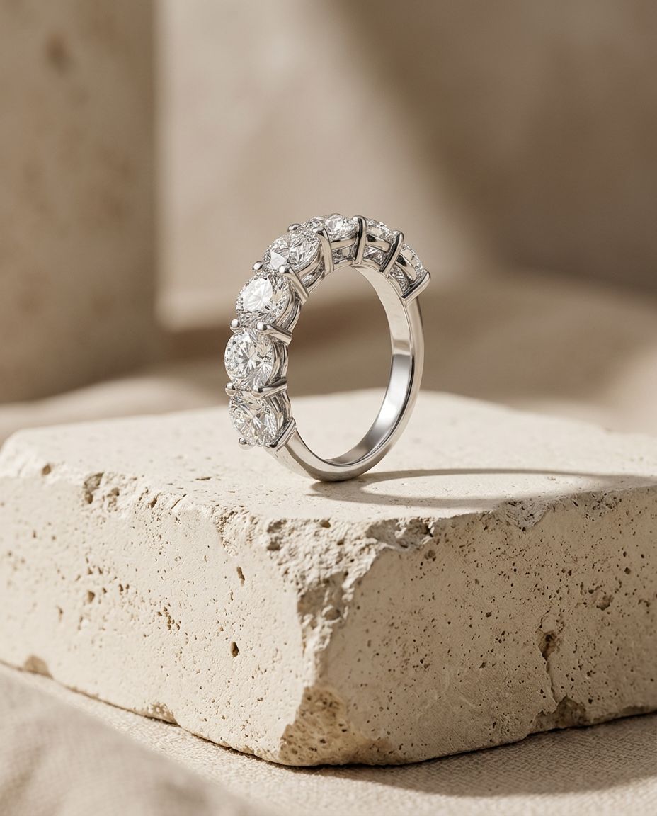 Five stone round brilliant diamond band standing on a cream textured concrete block