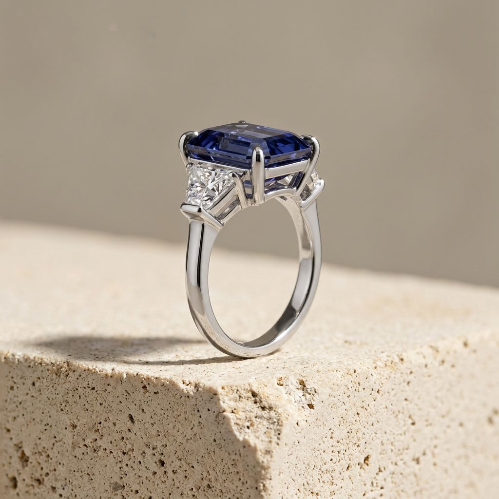Platinum emerald-cut sapphire three stone ring standing on a cream textured concrete block