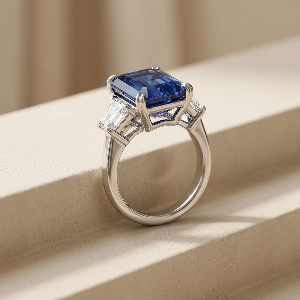 Three-quarter view of the sapphire three stone ring on a pale micro-cement ledge