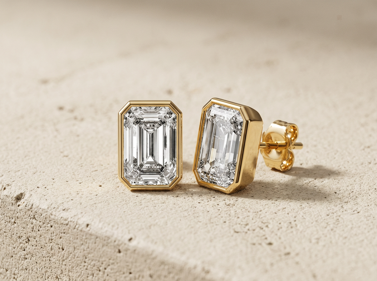 Cloud Nine, Emerald cut bezel studs by RW