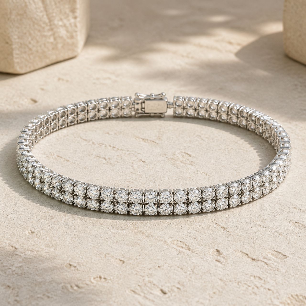 RW double row round brilliant diamond tennis bracelet in Platinum on cream concrete, full view